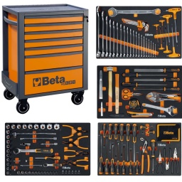 Servante mobile à 7 tiroirs RSC24/7 L'évolution de la cabine à roulettes C24S! Plan de travail renforcé et une large gamme d'accessoires dédiés! Disponible en 7 combinaisons de couleurs différentes! Nouveau plan de travail renforcé en ABS, conçu pour supporter les coffres à outils RSC22, RSC23, RSC23C et RSC23T. Composition outillage Beta made in Italie M391 : Clés mixtes, cles allen, clés en T M392 : Martellerie, lime, pince etaux, cle a molette M394 : Douilles 1/4 et 1/2 pinces circlips M395 : Tournevis, embouts et pinces Caractéristiques principales: - 7 tiroirs entièrement amovibles (588x367 mm), avec glissières à roulement à billes: 5 tiroirs, hauteur 70 mm 1 tiroir hauteur 140 mm 1 tiroir hauteur 210 mm - Dessus polyvalent avec bords anti-chute et huit trous pour le rangement des tournevis - Quatre roulettes Ø 125 mm: 2 fixes et 2 directionnelles (dont une avec frein). - Verrou de sécurité centralisé à l'avant. - Capacité de charge statique: 800 kg. - Porte-bouteille intégré (peut être appliqué des deux côtés). - Les accessoires suivants peuvent être ajoutés: plan de travail en bois 2400 RSC24 / PL panneau porte-outils perforé 2400 RSC24 / PF étagère pliante 2400 RSC24/MP porte-documents 2400 RSC24 // PD (disponible en gris anthracite ou noir) support de rouleau de papier 2400 RSC24 / PC (disponible en gris anthracite ou noir) - Bases de tiroirs protégées par des tapis en caoutchouc mousse. - Chaque tiroir peut accueillir jusqu'à 4 plateaux en mousse EVA ou en ABS thermoformé.