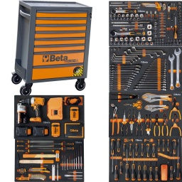 Servante mobile avec 8 tiroirs RSC24/8
évolution de la cabine à roulettes C24S!
Plan de travail renforcé et une large gamme d'accessoires dédiés!
Disponible en 7 combinaisons de couleurs différentes!
Nouveau plan de travail renforcé en ABS, conçu pour supporter les coffres à outils RSC22, RSC23, RSC23C et RSC23T.
Composition outillage Beta made in Italie
M25 : Clés mixtes, contre coudée, et clés cliquet reversible
M105 : Douille 1/4 et 1/2 3/8 116 pièces
M169 : Pinces circlips, pinces 13 pièces
M229 : Tournevis,micro embouts 62 pièces
M238 : Martellerie, limes 34 pièces
M320 : Nouveau module comprenant la nouvelle PERCEUSE A PERCUSSION/VISSEUSE 20V, 143 accessoires et 2 batteries 4 Ah.
Caractéristiques principales:
- 8 tiroirs entièrement amovibles (588x367 mm), avec glissières à roulement à billes:
6 tiroirs, hauteur 70 mm
2 tiroirs hauteur 140 mm
- Dessus polyvalent avec bords anti-chute et huit trous pour le rangement des tournevis
- Quatre roulettes Ø 125 mm:
2 fixes et 2 directionnelles (dont une avec frein).
- Verrou de sécurité centralisé à l'avant.
- Capacité de charge statique: 800 kg.
- Porte-bouteille intégré (peut être appliqué des deux côtés).
- Les accessoires suivants peuvent être ajoutés:
plan de travail en bois 2400 RSC24 / PL
panneau porte-outils perforé 2400 RSC24 / PF
étagère pliante 2400 RSC24/MP
porte-documents 2400 RSC24 // PD (disponible en gris anthracite ou noir)
support de rouleau de papier 2400 RSC24 / PC (disponible en gris anthracite ou noir)
- Bases de tiroirs protégées par des tapis en caoutchouc mousse.
- Chaque tiroir peut accueillir jusqu'à 4 plateaux en mousse EVA ou en ABS thermoformé.
