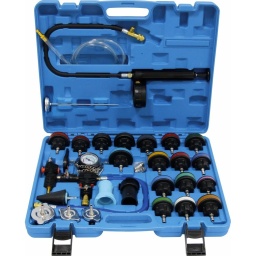 Testeur et remplissage pneumatique de système de refroidissement - coffret de 28 pcs
Composition :
- 1 pompe d'épreuve à soupape de décharge
- manomètre 0 à 2.5bar
- 17 bouchons vissés en ABS (identifiables par codes couleurs+numéros)
- 3 bouchons quart de tour en métal
- 1 clé de vissage bouchon
- 1 thermomètre 0 à 200°C
- 2 connecteurs R123/R124 et R123/R125
- 1 kit remplissage circuits de refroidissement par dépression
- 1 adaptateur conique 15-44mm
Compatible avec la majorité des marques de voitures :
Mercedes, Peugeot, Chrysler, Mitsubishi, Nissan, Mazda, Toyota, Suzuki, Honda, Volvo, Saab, Citroën, Renault, Fiat, Alfa, Jeep, VW, Audi, BMW, Land Rover, Jaguar, Opel, Chevrolet, Cadilac, Ford... (cf. Notice d'utilisation).