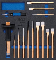 Étendue de la livraison : Pointeau automatique<br>Réglable en continu de 15 - 25 kg Burin fin de carrossiers, 26 x 235 mmBurin extra fin avec manche de protection en caoutchouc Lame à affûter Jeu de chasse-goupilles, burin et pointeaux, 12 pièces:Exécution renforcée avec tige six pans Acier au carbone forgé abaissé 6 burins plats : 14,5 x 145 mm à 19 x 250 mm 3 chasse-goupilles : 4,5 x 250 mm - 6,5 x 180 mm - 8 x 250 mm 2 pointeaux : 150 mm - 200 mm 1 chasse-goupilles 9,7 x 200 mm