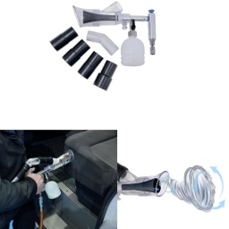 Le Laser 9202 combine l'utilisation du réseau en air comprimé de l'atelier avec la technologie de soufflette (identique à la référence Laser 8909), un réservoir de solution de nettoyage contrôlé et un aspirateur, pour offrir une solution de nettoyage et de séchage tout-en-un.
Idéal pour nettoyer les tissus d'ameublement, les bords des garnitures intérieures et extérieures, et le compartiment moteur.
Livré avec une bouteille de 300 cm³ de solution de nettoyage/d'eau et des adaptateurs pour aspirateurs. REMARQUE : Nécessite l'utilisation d'un aspirateur sec et humide.
Équipé d'une admission d'air comprimé d'atelier rotative à 360° (1/4" BSP) pour garantir une liberté de mouvement maximale. À utiliser avec les raccords de conduite d'air Connect (références 30951, 37096 ou 30954).
Vitesse à vide de la soufflette : 3700 tr/min. Pression de service : 6,2 bar (90 psi). Pression max. : 8 bar (116 psi).
Conforme aux normes EN ISO 20643. Consommation d'air : 170 l/min (6 CFM). Niveau sonore : 100 dB. Pour la soufflette uniquement, pour une utilisation dans des espaces restreints, voir la référence Laser 8909