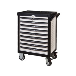 Servante d'atelier 9 tiroirs pearl
- construction a pans coupes renforcant la structure du bati
- système "one by one" antibasculement
- panneau lateral déporté et pré-percé pour fixation de crochet et accessoires
- 2 roues fixes grand diamètre pour une meilleure stabilite et un déplacement aise sur tous types de sols
- 2 roues pivotantes avec système de freinage total
- plan de travail avec rangements
- tiroirs sur glissieres à billes extra-resistant (45 kg par tiroir)
- tiroirs à ouverture totale
- blocage des tiroirs en position fermee. système d'arret a tiroirs
- fermeture totale et simultanee des tiroirs par serrure
- poignée tubulaire de manutention
- finition "pearl"
- poids 57kg
- dimension hors tout : l678xl459xh859
- roue dia 125mm larg 50mm - 116 outils