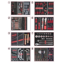 Composition d'outils 8 tiroirs pour servante ks tools
- empreinte des outils découpee au laser
- résistant aux huiles et produits chimiques
- mousse imputrescible
Composition :
Module 54 pièces douilles et accessoires 1/4" ref : 713.1020
- Cliquet réversible 72 dents
- 1x Poignée emmanchée 1/4’’
- 2x Rallonges 1/4’’ : L. 50 mm et L. 100 mm
- 1x Rallonge flexible : L. 150 mm
- 1x Poignée coulissante T : L. 115 mm
- 1x Cardan universel 1/4"
- 13x Douilles 1/4’’ : 4 - 4,5 - 5 - 5,5 - 6 - 7 - 8 - 9 - 10 - 11 - 12 - 13 - 14 mm
- 8x Douille longue 1/4" : 6 - 7 - 8 - 9 - 10 - 11 - 12 - 13
- 1x Porte embout 1/4"
- 3x Embouts de vissage Fente 4 - 5,5 - 8 mm
- 3x Embouts de vissage PHILLIPS® PH 1 - PH 2 - PH3
- 2x Embouts de vissage POZIDRIV® PZ 1 - PZ 2
- 6x Embouts de vissage 6 pans : 3 - 4 - 5 - 6 - 7 - 8  mm
- 7x Embouts de vissage TORX® profil E T10 - T15 - T20 - T25 - T27 - T30 - T40
- 4x Embouts de vissage 12 pans : M4 - M5 - M6 - M8
Module de douilles et accessoires ULTIMATE 1/2'' , 24 pièces ref : 713.1024
- 1 x Cliquet réversible 72 dents
- 2 x Rallonges : 125 - 250 mm
- 1 x Cadran universel 1/2"
- 1 x Bague coulissante 3/8" x 1/2"
- 17 x Douilles : 10 - 11 - 12 - 13 - 14 - 15 - 16 - 17 - 18 - 19 - 20 - 21 - 22 - 24 - 27 - 30 - 32 mm
- 2 x Douilles longues : 16 - 21 mm
Module de douilles longues et accessoires 1/2",  17 pièces ref : 713.1026
- 1 x Rallonge : 125 mm
- 2 x Rallonges à verrouillage : 75 - 250 mm
- 10 x Douilles : 10 - 11 - 12 - 13 - 15 - 17 - 19 - 22 - 24 - 27 mm
- 4 x Douilles 6 pans : 14 - 16 - 18 - 21 mm
Module d'embouts longs pour la mécanique 1/4" - 1/2", 38 pièces ref : 712.5038
- 5 x Embout 6 pans Extérieur 1/2’’ 55 mm x (14 - 17 - 19 - 22 - 24 mm)
- 3 x Embout 6 pans Extérieur 140 mm x (10 - 11 - 13 mm)
- 1 x Embout 1/2’’ 6 pans Extérieur 160 mm x (5 mm)
- 1 x Embout 1/2’’ 6 pans Extérieur 240 mm x (7 mm)
- 1 x Embout TORX® 1/2’’ 110 mm x (T80)
- 6 x Embout 1/2’’ TORX® 140 mm x (T40 - T45 - T50 - T55 - T60 - T70)
- 1 x Embout 1/2’’ TORX® 300 mm x (T30)
- 2 x Embout XZN® 1/2’’ 110 mm x (M9 - M16)
- 3 x Embout 1/2’’ XZN® 140 mm x (M10 - M12 - M14)
- 1 x Embout percé XZN® 1/2’’ 55 mm x (M16)
- 1 x Embout renforcé RIBE® 1/2’’ 100 mm x (M9)
- 3 x Embout renforcé 1/2’’ RIBE® 240 mm x (M7 - M8 - M10)
- 1 x Embout renforcé XZN® 1/2’’ 75 mm x (M18)
- 9 x Embout TORX Profil E 1/4’’ : TS10 - TS15 - TS20 - TS25 - TS27 - TS30 - TS40 - TS45 - TS50
Module d'embouts de vissage et douilles TORX, 88 pièces ref : 713.5010
- 5 x Douilles TORX 1/4" : E4 - E5 - E6 - E7 - E8
- 4 x Douilles TORX 3/8" : E10 - E11 - E12 - E14
- 3 x Douilles TORX 1/2" : E16 - E18 - E20
- 1 x Douille porte-embouts 1/4" x 1/4"
- 2 x Douilles porte-embouts : 3/8" - 10 mm et 1/2" - 10 mm
- 1 x Rallonge : 30 mm
- 3 x Embouts de vissage Fente : 25 mm x (5,5 - 6,5 - 8,0 mm)
- 3 x Embouts de vissage PHILLIPS : 25 mm x (PH1 - PH2 - PH3)
- 6 x Embouts de vissage PROZIDRIV : 25 mm x (PZ1 - 2 x PZ2 - 3 x PZ3)
- 3 x Embouts de vissage 6 pans : 25 mm x (4 - 5 - 6 mm)
- 15 x Embouts de vissage TORX percé : 25 mm x (2 x T10 - 3 x T15 - 2 x T20 - 3 x T25 - 3 x T30 - 2 x T40)
- 2 x Embouts de vissage Fente : 30 mm x (8 - 10 mm)
- 2 x Embouts de vissage PHILLIPS : 30 mm x (PH2 - PH3)
- 7 x Embouts de vissage 6 pans : 30 mm x (4 - 5 - 6 - 7 - 8 - 10 - 12 mm)
- 9 x Embouts de vissage TORX percé : 30 mm x (T20 - T25 - T27 - T30 - T40 - T45 - T50 - T55 - T60)
- 5 x Embouts de vissage 12 pans : 30 mm (M5 - bM6 - M10 - M12)
- 5 x Embouts longs 6 pans : 75 mm x (5 - 6 - 7 - 8 - 10 mm)
- 8 x Embouts longs TORX percé : 75 mm x (T20 - T25 - T27 - T30 - T40 - T50 - T55 - T60)
- 4 x Embouts longs 12 pans : 75 mm x (M6 - M8 - M10 - M12)
Module de clés mixtes ULTIMATE, 17 pièces ref : 713.2017
- 17 x Clés mixtes : 6 - 7 - 8 - 9 - 10 - 11 - 12 - 13 - 14 - 15 - 16 - 17 - 18 - 19 - 20 - 21 - 22 mm
Module de clés mixtes ULTIMATE, 5 pièces ref : 713.2015
- 5 x Clés mixtes : 24 - 27 - 29 - 30 - 32 mm
Module d'outils de frappe manche bois, 9 pièces ref : 713.1101
- 1 x Burin de carossier extra-plat : 250 mm
- 6 x Chasse goupilles brunis : 3 - 4 - 5 - 6 - 10 mm
- 1 x Marteau rivoir : 600g
- 1 x Maillet à embouts plastique interchangeables : 340g
Module de clés à pipe débouchées - 6 pans, 11 pièces ref : 713.2011
- 11 x Clés à pipe débouchées : 8 - 10 - 11 - 12 - 13 - 14 - 15 - 16 - 17 - 18 - 19 mm
Module de clés à pipe débouchées - 6 pans, 4 pièces ref : 713.4004
- 4 x Clés à pipe débouchées : 21 - 22 - 24 - 27 mm
Module de clés à pipe débouchées - 6 pans, 2 pièces ref : 713.2012
- 2 x Clés à pipe débouchées : 30 - 32 mm
Module de vissage, 28 pièces ref : 712.5028
- 1 x Tournevis ULTIMATE tom pouce Fente : 6,5 mm
- 3 x Tournevis ULTIMATE Fente : 3,5 - 5,5 - 8 mm
- 1 x Tournevis ULTIMATE tom pouce PHILLIPS : PH2
- 3 x Tournevis ULTIMATE PHILLIPS : PH1 - PH2 - PH3
- 1 x Tournevis ULTIMATE tom pouce PROZIDRIV : PZ2
- 3 x Tournevis ULTIMATE PROZIDRIV : PZ1 - PZ2 - PZ3
- 1 x Jeu de clés mâles 6 pans à tête sphérique longues : 2 - 2,5 - 3 - 4 - 5 - 6 - 8 - 10 mm
- 1 x Jeu de clés mâles TORX longues : T10 - T15 - T20 - T25 - T30 - T40 - T45 - T50
Module de tournevis ULTIMATE TORX, 6 pièces ref : 713.5013
- 6 x Tournevis ULTIMATE TORX : T10 - T15 - T20 - T25 - T30 - T40
Module de pinces, 4 pièces ref : 713.4014
- 1 x Pince coupante diagonale : L. 160 mm
- 1 x Pince universelle : L. 180 mm
- 1 x Pince à bec demi-rond : L. 200 mm
- 1 x Pince multiprises à verrouillage : L. 250 mm
Module de pinces étaux GRIPfix Xtreme, 3 pièces ref : 713.1003
- 2 x Pinces étaux GRIPfix Xtreme : 175 - 250 mm
- 1 x Pince étau auto-ajustable à bec long : 150 mm
Module de 6 pinces à Circlips ref : 713.5006
- 2 x Pinces à joncs extérieur : 10 - 25 mm, 19 - 60 mm
- 1 x Pince extérieur coudée : 16 - 60 mm
- 2 x Pinces intérieur droites : 12 - 25 mm, 19 - 60 mm
- 1 x Pince intérieur coudée : 19 - 60 mm
Module de douilles et accessoires 3/4'', 21 pièces ref : 711.1034
- 1 x Cliquet réversible 24 dents
- 3 x Rallonges : 100 - 200 - 400 mm
- 1 x Poignée coulissante : 450 mm
- 16 x Douilles : 19 - 21 - 22 - 23 - 24 - 26 - 27 - 29 - 30 - 32 - 25 - 36 - 38 - 41 - 46 - 50 mm
Module de douilles et clé à chocs pneumatique 3/4'', 13 pièces ref : 712.1013
- 1 x Clé à choc pneumatique : 1490 Nm
- 8 x Douilles à choc 6 pans courtes : 26 - 27 - 29 - 30 - 32 - 35 - 36 - 38 mm
- 2 x Douilles à choc 6 pans longues : 32 - 33 mm
- 1 x Cadran universel à choc 3/4"
- 1 x Rallonge à choc : 150 mm
Module de limes demi-douces, 4 pièces ref : 713.3004
- 1 x Râpe plate emmanchée : 200 mm
- 1 x Râpe demi-onde emmanchée : 200mm
- 1 x Râpe ronde emmanchée : 200 mm
- 1 x Râpe triangulaire emmanchée : 200 mm