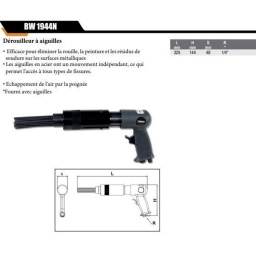 Dérouilleur à aiguilles • pour éliminer la rouille, la peinture et les résidus de soudure sur les surfaces métalliques • Les aiguilles en acier ont un mouvement indépendant, ce qui permet l'accès à tous types de fissures. C'est un outil utile pour enlever les résidus