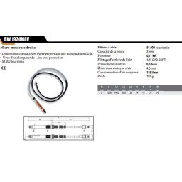 Micro-meuleuse droite
54.000 tours/min
Pour travaux de précision
• Dimensions compactes et poids réduit pour une maniabilité optimale
• Cordon de 1,4 m avec protection
• 54.000 tours/min
Vitesse à vide 54.000 tours/min
Capacité pince 3 mm
Puissance 0,11 kW
Filetage d'arrivée d'air 1/4" GAS BSPT
Pression d'utilisation 6,3 bar
Ø intérieur du tuyau d'air 4,5 mm
Consommation d'air moyenne 115 l/min
Poids 197g