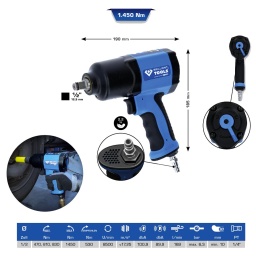 Puissance extrême avec 1 450 Nm
Conception robuste
Mécanisme de frappe à double marteau
Poignée de forme ergonomique
Le tournevis à percussion à air comprimé BRILLIANT TOOLS 1/2" BT160100 vous assiste lors du changement de pneus ainsi que d’autres réparations.
Grâce à sa puissance maximale de 1 450 Nm, le desserrage des vis ou des écrous bloqués ne sont plus un problème.
La puissance élevée est atteinte à l’aide d’un mécanisme de frappe à double marteau qui ne nécessite aucun entretien grâce à la lubrification pendant toute la durée de vie.
En graissant régulièrement la pièce d’air grâce à l’huile fournie, vous pouvez profiter pendant longtemps de votre tournevis à percussion. Le couple de serrage des vis ou écrous est réglable en 3 niveaux.
L’air sortant est amené vers le bas grâce à la poignée de forme ergonomique isolant du froid. Elle est recouverte de caoutchouc et offre un maintien antidérapant qui protège aussi des vibrations.
Le raccord 1/4" est également compris à la livraison, le tournevis à percussion est ainsi directement opérationnel.
Données techniques :
Carré d’entraînement : 1/2"
Couple maximal de serrage : 1 = 490 Nm
2 = 660 Nm
3 = 870 Nm
Couple maximal de desserrage : 1 450 Nm
Vitesse de rotation à vide : 8.500
Vibrations : 17,5 m/s2
Bruit max à vide : 100,9 dbA
Bruit max en choc : 89,9 dbA
Couple de serrage recommandé : 530 Nm
Consommation d’air : 169 l/min
Pression de travail : max. 6,3 bars
Diamètre minimum du tuyau : 10 mm
Filetage de raccord : 1/4" PT