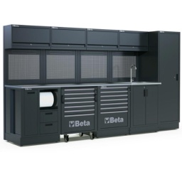 Combinaison d'ameublement d'atelier RSC50 2.0
Combinaison comprenant les éléments suivants :
1 plan de travail, 2240x700 mm (RSC50 2.0 NPG/3-2,2MT)
1 module fixe de propreté avec 2 tiroirs (RSC50 2.0 MS-2C)
1 servante mobile avec 7 tiroirs (RSC50 2.0 C7)
1 module fixe avec 7 tiroirs (RSC50 2.0 M7)
1 module fixe avec évier intégré (RSC50 2.0 ML)
4 meubles hauts muraux (RSC50 2.0 PM)
4 panneaux porte-outils perforés à outils supérieurs (RSC50 2.0 PFS)
4 panneaux porte-outils inférieurs perforés (RSC50 2.0 PFI)
4 paires d'étriers (RSC50 2.0 P/2MDX-SX)
1 armoire à 1 porte (RSC50 2.0 A1)