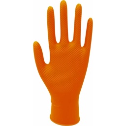Gants nitriles usage unique non poudrés orange. Gants texturés en diamant, parfait pour la mecanique Utilisations : travaux mécanique, travaux agricoles, industrie, automobile, bâtiment… Très résistant grâce à son épaisseur et son grammage. Ambidextre. Résistance à la traction : 14MPa. Elongation : 400%. Longueur : 240mm. Epaisseur doigts : 0.25mm. Epaisseur paume : 0.2mm. Grammage : 8.6g. EN420-EN ISO 3374. AQL<1.5.