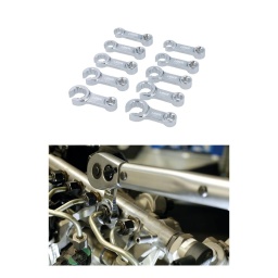 Jeu de dix adaptateurs pour clé dynamométrique, avec un profil ouvert à 12 pans, de tailles 10 mm à 19 mm, permettant l'utilisation d'une clé dynamométrique à carré de 3/8" pour le serrage d'un écrou évasé ou d'un capteur câblé au couple correct.
Remarque : les réglages de couple doivent être recalculés pour tenir compte de la longueur supplémentaire de ces rallonges.
Fourni dans un plateau en mousse EVA, conçu pour s'adapter aux tiroirs de servantes à roulettes, ce qui permet de garder les adaptateurs propres, bien rangés et prêts à l'emploi.
Profil à carré de 3/8" x 12 pans ; plage de longueur : 68 - 76 mm.
Tailles : 10, 11, 12, 13, 14, 15, 16, 17, 18 et 19 mm.
En chrome-vanadium (50BV30) avec fini miroir chromé.
Présenté dans un plateau de rangement en mousse EVA (22 x 180 x 202 mm).
REMARQUE : Le réglage du couple doit être ajusté pour permettre l'augmentation effective de la longueur de l'effet de levier.