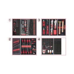 Composition d'outils 4 tiroirs pour servante
- empreinte des outils découpee au laser
- résistant aux huiles et produits chimiques
- mousse imputrescible
module de douilles et accessoires ultimate 1/4". 54 pièces
module de douilles et accessoires ultimate 1/2". 24 pièces
module d'embouts de vissage et douilles torx. 88 pièces
module de clés mixtes ultimate. 17 pièces - de 6 a 22 mm module de vissage. 28 pièces
module de pinces. 4 pièces
module de Pinces étaux. 3 pièces
module d'outils de frappe manche bois. 9 pièces
module de douilles et clé à chocs pneumatique 1/2". 20 pièces
module de douilles longues à chocs 1/2''. 16 pièces
