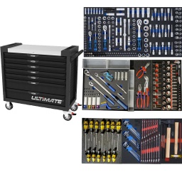 Servante d'atelier vide ULTIMATE XL noire, 7 tiroirs
Ouverture individuelle et totale des tiroirs
Glissières à roulements à billes
Système de fermeture centralisée par serrure latérale
Perforations normalisées pour fixation d'accessoires
4 roues robustes Ø 125 mm dont 2 directionnelles avec frein
Système anti-basculement
Plateau inox avec rebords avant et arrière
Dimensions utiles des tiroirs :
5 x H 55 x L 930 x P 400 mm
2 x H 135 x L 930 x P 400 mm
Composition 3 tiroirs
Tiroir 1 douille BGS:
1 cliquet réversible | à denture fine | 6,3 mm (1/4")
13 douilles, six pans | 6,3 mm (1/4") | 4, 4,5, 5, 5,5, 6, 7, 8, 9, 10, 11, 12, 13, 14 mm
7 douilles, six pans, longues | 6,3 mm (1/4") | 4, 5, 6, 7, 8, 9, 10
5 douilles profil E | 6,3 mm (1/4") | E4, E5, E6, E7, E8
2 rallonges | 6,3 mm (1/4") | 50 mm, 100 mm
1 poignée coulissante | 6,3 mm (1/4")
1 adaptateur à embout avec bille de retenue | carré femelle 6,3 mm (1/4") | six pans femelle 6,3 mm (1/4")
1 articulation de cardan | 6,3 mm (1/4")
1 cliquet réversible | à denture fine | 10 mm (3/8")
10 douilles, six pans | 10 mm (3/8") | 10, 11, 12, 13, 14, 15, 16, 17, 18, 19 mm
6 douilles, six pans, longues | 10 mm (3/8") | 10, 11, 12, 13, 14, 15 mm
6 douilles profil E | 10 mm (3/8") | E10, E11, E12, E14, E16, E18
1 rallonge | 10 mm (3/8") | 150 mm
1 adaptateur à embout avec bille de retenue | carré femelle 10 mm (3/8") | six pans femelle 8 mm (5/16")
1 adaptateur de poignée coulissante pour rallonges | 12,5 mm (1/2")
1 articulation de cardan | 10 mm (3/8")
1 douille de bougie d’ignition, hexagonale | 10 mm (3/8") | 18 mm
1 adaptateur à embout avec bille de retenue | carré femelle 12,5 mm (1/2") | six pans femelle 10 mm (3/8")
1 cliquet réversible | à denture fine | 12,5 mm (1/2")
17 douilles, six pans | 12,5 mm (1/2") | 10, 11, 12, 13, 14, 15, 16, 17, 18, 19, 20, 21, 22, 24, 27, 30, 32 mm
5 douilles, six pans, longues | 12,5 mm (1/2") | 16, 17, 18, 19, 22 mm
2 douilles profil E | 12,5 mm (1/2") | E20, E24
2 rallonges | 12,5 mm (1/2") | 125 mm, 250 mm
1 adaptateur à embout avec bille de retenue | carré femelle 12,5 mm (1/2") | six pans femelle 8 mm (5/16")
2 douilles de bougie d’ignition, six pans | 12,5 mm (1/2") | 16, 21 mm
1 articulation de cardan | 12,5 mm (1/2")
8 douilles à embouts | 6,3 mm (1/4") | profil T (pour Torx) T8, T9, T10, T15, T20, T25, T27, T30
8 douilles à embouts | 6,3 mm (1/4") | profil T (pour Torx) avec perçage T8, T9, T10, T15, T20, T25, T27, T30
3 douilles à embouts | 6,3 mm (1/4") | cruciforme PH0, PH1, PH2
3 douilles à embouts | 6,3 mm (1/4") | cruciforme PZ0, PZ1, PZ2
4 douilles à embouts | 6,3 mm (1/4") | six pans femelle 3, 4, 5, 6 mm
4 douilles à embouts | 6,3 mm (1/4") | plat SL 4, 5,5, 6,5, 7 mm
8 douilles à embouts | 12,5 mm (1/2") | polygone femelle (pour XZN) M5, M6, M8, M9, M10, M12, M14, M16
8 douilles à embouts | 12,5 mm (1/2") | six pans femelle 5, 6, 7, 8, 10, 12, 14, 17 mm
8 douilles à embouts | 12,5 mm (1/2") | profil T (pour Torx) T27, T30, T40, T45, T50, T55, T60, T70
7 douilles à embouts | longueur 100 mm | 12,5 mm (1/2") | polygone femelle (pour XZN) M5, M6, M8, M9, M10, M12, M14
8 douilles à embouts | longueur 100 mm | 12,5 mm (1/2") | six pans femelle 5, 6, 7, 8, 10, 11, 12, 13 mm
8 douilles à embouts | longueur 100 mm | 12,5 mm (1/2") | profil T (pour Torx) T20, T25, T27, T30, T40, T45, T50, T55
1 poignée rotative | 6,3 mm (1/4") | 150 mm
3 embouts | entraînement six pans mâle, 6,3 mm (1/4") | polygone femelle (pour XZN) M5, M6, M8
5 embouts | entraînement six pans mâle, 6,3 mm (1/4") | profil cannelé (pour RIBE) M5, M6, M7, M8, M9
1 embout | longueur 25 mm | entraînement six pans mâle, 6,3 mm (1/4") | profil T (pour Torx) avec perçage T7
8 embouts | entraînement six pans mâle, 6,3 mm (1/4") | profil TS (pour Torx) avec perçage TS10, TS15, TS20, TS25, TS27, TS30, TS40, TS45
3 embouts | entraînement six pans mâle, 6,3 mm (1/4") | profil T (pour Torx) T5, T6, T7
3 embouts | longueur 30 mm | entraînement six pans mâle, 8 mm (5/16") | plat SL 8, 10, 12 mm
2 embouts | longueur 30 mm | entraînement six pans mâle, 8 mm (5/16") | cruciforme PH3, PH4
2 embouts | longueur 30 mm | entraînement six pans mâle, 8 mm (5/16") | cruciforme PZ3, PZ4
5 embouts | longueur 30 mm | entraînement six pans mâle, 8 mm (5/16") | six pans femelle 7, 8, 10, 12, 14 mm
6 embouts | longueur 30 mm | entraînement six pans mâle, 8 mm (5/16") | profil T (pour Torx) T40, T45, T50, T55, T60, T70
6 embouts | longueur 30 mm | entraînement six pans mâle, 8 mm (5/16") | profil T (pour Torx) avec perçage T40, T45, T50, T55, T60, T70
4 clé(s) coudée(s) | six pans femelle 1,27, 1,5, 2, 2,5 mm
Tiroir 2
Module cle allen BGS
1 jeu de clés coudées | extra longue | profil T (pour Torx) T10 - T50 | 9 pièces (art. 793)
1 jeu de clés coudées | extra longue | profil T (pour Torx) avec perçage T10 - T50 | 9 pièces (art. 794)
1 jeu de clés coudées | extra longue | 1,5 - 10 mm | 9 pièces (art. 808)
Module clés mixtes ks tools ultimate 6-7-8-9-10-11-12-13-14-15-16-17-18-19-20-21-22mm
Module martellerie ks tools
Module tournevis Wera, modèle lame traversante haute resistance
Tiroir 3
BGS
1 clé dynamométrique | 6,3 mm (1/4") | 5 - 25 Nm (art. 2825)
1 clé dynamométrique | 10 mm (3/8") | 10 - 60 Nm
1 clé dynamométrique | 12,5 mm (1/2") | 40 - 220 Nm (art. 2827)
1 douille de bougie d’ignition, hexagonale | 10 mm (3/8") | 14 mm (art. 2400)
1 douille de bougie d’ignition, hexagonale | 12,5 mm (1/2") | 16 mm (art. 2401)
1 douille de bougie d’ignition, hexagonale | 12,5 mm (1/2") | 18 mm (art. 2402)
1 douille de bougie d’ignition, hexagonale | 12,5 mm (1/2") | 21 mm (art. 2403)
1 rallonge basculante | 12,5 mm (1/2") | 125 mm (art. 234)
1 rallonge basculante | 10 mm (3/8") | 75 mm (art. 242)
1 contrôleur numérique de pression de pneus et pied à coulisse de profil de pneu | « 2-EN-1 » (art. 6647)
1 douille à choc avec protection | 12,5 mm (1/2") | 17 mm (art. 7201)
1 douille à choc avec protection | 12,5 mm (1/2") | 19 mm (art. 7202)
1 douille à choc avec protection | 12,5 mm (1/2") | 21 mm (art. 7203)
1 douille à choc avec protection | 12,5 mm (1/2") | 22 mm (art. 7208)
1 douille à embouts | 6,3 mm (1/4") | cruciforme PH1 (art. 2487)
1 douille à embouts | 6,3 mm (1/4") | cruciforme PH2 (art. 2488)
1 douille à embouts | 6,3 mm (1/4") | cruciforme PH3 (art. 2489)
1 douille à embouts | 6,3 mm (1/4") | profil T (pour Torx) T10 (art. 2590)
1 douille à embouts | 6,3 mm (1/4") | profil T (pour Torx) T15 (art. 2591)
1 douille à embouts | 6,3 mm (1/4") | profil T (pour Torx) T20 (art. 2592)
1 douille à embouts | 6,3 mm (1/4") | profil T (pour Torx) T25 (art. 2593)
1 douille à embouts | 6,3 mm (1/4") | profil T (pour Torx) T30 (art. 2595)
1 douille à embouts | 6,3 mm (1/4") | six pans femelle 2 mm (art. 5153)
1 douille à embouts | 6,3 mm (1/4") | six pans femelle 2,5 mm (art. 5154)
1 douille à embouts | 6,3 mm (1/4") | six pans femelle 3 mm (art. 2497)
1 douille à embouts | 6,3 mm (1/4") | six pans femelle 4 mm (art. 2498)
1 douille à embouts | 6,3 mm (1/4") | six pans femelle 5 mm (art. 2499)
1 douille à embouts | 6,3 mm (1/4") | six pans femelle 6 mm (art. 2500)
1 douille à embouts | 6,3 mm (1/4") | six pans femelle 8 mm (art. 2502)
1 douille à embouts | 6,3 mm (1/4") | Six pans femelle 10 mm (art. 2161-10)
1 brosse à fils à poignée plastique | laiton
Module 3 pinces Knipex
Module douille en pouce ks tools
922.1511 Douille 6 pans ULTIMATE 1/4'', 3/16''
922.1512 Douille 6 pans ULTIMATE 1/4'', 7/32''
922.1513 Douille 6 pans ULTIMATE 1/4'', 1/4''
922.1514 Douille 6 pans ULTIMATE 1/4'', 9/32''
922.1515 Douille 6 pans ULTIMATE 1/4'', 5/16''
922.1516 Douille 6 pans ULTIMATE 1/4'', 11/32'
922.1517 Douille 6 pans ULTIMATE 1/4'', 3/8''
922.1518 Douille 6 pans ULTIMATE 1/4'', 13/32'
922.1519 Douille 6 pans ULTIMATE 1/4'', 7/16''
922.1520 Douille 6 pans ULTIMATE 1/4'', 1/2''
922.1521 Douille 6 pans ULTIMATE 1/4'', 9/16''
922.1340 Douille 6 pans ULTIMATE® 1/2'', 3/8''
922.1341 Douille 6 pans ULTIMATE® 1/2'', 7/16'
922.1342 Douille 6 pans ULTIMATE® 1/2'', 1/2''
922.1343 Douille 6 pans ULTIMATE® 1/2'', 9/16'
922.1344 Douille 6 pans ULTIMATE® 1/2'', 19/32
922.1345 Douille 6 pans ULTIMATE® 1/2'', 5/8''
922.1346 Douille 6 pans ULTIMATE® 1/2'', 21/32
922.1347 Douille 6 pans ULTIMATE® 1/2'', 11/16
922.1348 Douille 6 pans ULTIMATE® 1/2'', 3/4''
922.1349 Douille 6 pans ULTIMATE® 1/2'', 25/32
922.1350 Douille 6 pans ULTIMATE® 1/2'', 13/16
922.1351 Douille 6 pans ULTIMATE® 1/2'', 7/8''
922.1352 Douille 6 pans ULTIMATE® 1/2'', 15/16
922.1353 Douille 6 pans ULTIMATE® 1/2'', 31/32
922.1354 Douille 6 pans ULTIMATE® 1/2'', 1''
922.1355 Douille 6 pans ULTIMATE® 1/2'', 1,1/16''
922.1356 Douille 6 pans ULTIMATE® 1/2'', 1,1/8''
922.1357 Douille 6 pans ULTIMATE® 1/2'', 1,3/16''
922.1358 Douille 6 pans ULTIMATE® 1/2'', 1,1/4''
922.1522 Douille longue 6 pans ULTIMATE 1/4'', 5/32''
922.1523 Douille longue 6 pans ULTIMATE 1/4'', 3/16''
922.1524 Douille longue 6 pans ULTIMATE 1/4'', 7/32''
922.1525 Douille longue 6 pans ULTIMATE 1/4'', 1/4''
922.1526 Douille longue 6 pans ULTIMATE 1/4'', 9/32''
922.1527 Douille longue 6 pans ULTIMATE 1/4'', 5/16''
922.1528 Douille longue 6 pans ULTIMATE 1/4'', 11/32''
922.1529 Douille longue 6 pans ULTIMATE 1/4'', 3/8''
922.1530 Douille longue 6 pans ULTIMATE 1/4'', 7/16''
922.1531 Douille longue 6 pans ULTIMATE 1/4'', 1/2''
922.1359 Douille longue 6 pans ULTIMATE® 1/2'', 3/8''
922.1360 Douille longue 6 pans ULTIMATE® 1/2'', 7/16''
922.1361 Douille longue 6 pans ULTIMATE® 1/2'', 1/2''
922.1362 Douille longue 6 pans ULTIMATE® 1/2'', 9/16''
922.1363 Douille longue 6 pans ULTIMATE® 1/2'', 11/16''
922.1364 Douille longue 6 pans ULTIMATE® 1/2'', 3/4''
922.1365 Douille longue 6 pans ULTIMATE® 1/2'', 7/8''
922.1366 Douille longue 6 pans ULTIMATE® 1/2'', 15/16'' 8,30 €
922.1367 Douille longue 6 pans ULTIMATE® 1/2'', 1'' 10,58 €
922.1561 Douille tournevis ULTIMATE® 6 pans 1/4'', L.37 mm - 1/8''
922.1562 Douille tournevis ULTIMATE® 6 pans 1/4'', L.37 mm - 5/32''
922.1563 Douille tournevis ULTIMATE® 6 pans 1/4'', L.37 mm - 3/16''
922.1564 Douille tournevis ULTIMATE® 6 pans 1/4'', L.37 mm - 7/32''
922.1565 Douille tournevis ULTIMATE® 6 pans 1/4'', L.37 mm - 1/4''
151.2132 Clé mâle 6 pans à tête sphérique longue, 5/64''
151.2133 Clé mâle 6 pans à tête sphérique longue, 3/32''
151.2135 Clé mâle 6 pans à tête sphérique longue, 1/8''
151.2137 Clé mâle 6 pans à tête sphérique longue, 5/32''
151.2138 Clé mâle 6 pans à tête sphérique longue, 3/16''
151.2140 Clé mâle 6 pans à tête sphérique longue, 1/4''
151.2141 Clé mâle 6 pans à tête sphérique longue, 5/16''
151.2142 Clé mâle 6 pans à tête sphérique longue, 3/8''