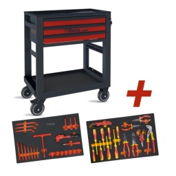 Servante pour mobilité électrique avec 38 outils isolés
Composition :
52MQ clés à fourches 1000V 10-11-12-13-14-17-19
89MQ Clé polygonale contre-coudée 10-12-13
910MQ/B Douille 12 pans 8-10-12-13-14-17-19
910MQ/T Poignée à béquille à cardan carré mâle 3/8”
910MQ/55 Cliquet réversible carré mâle 3/8”
910MQ/TX Douille tournevis pour vis Torx® TX20-TX25-TX30
1048MQ pince multiprise entrepassée 250 mm
1082MQ pinces coupantes diagonales 1000V 160mm
1128MQ ciseaux d'électriciens 145mm
1150MQ 180 pince universelle 1000V 180mm
1162MQ Pince à becs plats longs striés 160mm
1164MQ Pince à becs coudés plats longs 160mm
1272MQ tournevis pour vis Phillips® 1000V 3x60-4,5x80-6x100-8x100
1274MQ tournevis à lame fraisée pour vis à fente 1000V 2,5x75-3x100-4x100-5,5x125
1777MQ/U Couteau d'électricien avec dénudeur isolé 190mm
910MQ/21 Rallonge carrés mâle et femelle 3/8" 125 mm