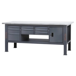 Etabli d'une longueur de 2,1m avec plan de travail en MDF revêtu d'acier inoxydable, 8 tiroirs et 1 compartiment de rangement avec porte.
Principales caractéristiques :
- Plan de travail (2100 x 750 mm) en MDF revêtu d'acier inoxydable et de 38mm d'épaisseur
- 8 tiroirs (367x588 mm) montés sur glissières à billes de précision :
5 tiroirs d'une hauteur de 70 mm
2 tiroirs d'une hauteur de 140 mm
1 tiroir d'une hauteur de 210 mm
- Fonds de tiroirs protégés par un tapis en néoprène
- Chaque tiroir peut accueillir jusqu'à 4 modules d'outillage BETA.
- Serrure centralisé frontale
- 1 compartiment de rangement avec porte et serrure
- Structure en acier avec 4 pieds
- Prédisposition pour l'installation d'un étau (1599F/150 ou 1599GI/150, vendus séparément)
- Demi-étagère inférieure de rangement, 1788x335 mm ; épaisseur : 40 mm
- Prévu pour la fixation au sol
- Capacité de charge statique : 800 kg uniformément répartis
Les accessoires suivants peuvent être ajoutés :
- Panneau latéral perforé C58PFL
- Bord antichute, 2100 mm, C58BAC 2.1
- 197 kg
2.100x750x904 mm