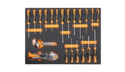 Composition pour mobilier C35
1260 tournevis pour vis à fente 2,5x50 - 3x75 - 3,5x100 - 4x100 - 5,5x100 - 5x125 - 6,5x150 mm
1262 tournevis pour vis Phillips® PH0x60 - PH0x100 - PH1x80 - PH1x120 - PH2x100 - PH2x150 mm
1267TX tournevis pour vis Torx® T8 - T10 - T15 - T20 - T25 - T30
1052 pince - étau à becs droits 240 mm
96BPC/SC9 clés mâles 6 pans coudées à tête sphérique
Dimensions des tiroirs 600x447mm