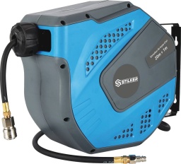 Enrouleur automatique orientable de tuyau d'air hybride 8 bar 8x12mm 20+1m raccords rapides Support pivotant sur 180°. Dispositif d’arrêt à la longueur désirée. Retour automatique par ressort de rappel. Boule d’arrêt fin de tuyau. Tuyau hybride. Longueur du tuyau 20m+1m Section 8x12mm Pression 8 bar Raccord sortie air M 1/4