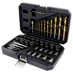 Queue de cochon 5x M1 - M2 - M3 - M4 - M5
1x 1/4“ x 3/8“
1x chasse
10x forets 2 - 3 - 4 - 5 - 6 - 7 - 8 - 10 - 11 - 12 mm
10x spirale mâle 2 - 3 - 4 - 5 - 6 - 7 8 - 10 - 11 - 12 mm
13x arrache spirale 6-7-8-9-10-11-12-13-14-15-16-17-19mm