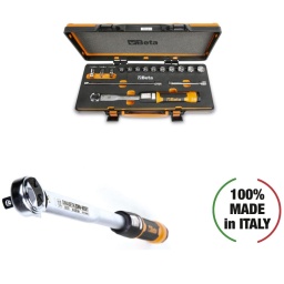 Clé dynamométrique à cliquet Zero-Reset avec douilles et rallonges dans un étui
Grâce à sa nouvelle conception, il n'est plus nécessaire de remettre à zéro la clé après son utilisation.
COFFRET COMPLET : 1 clé dynamométrique 666/5, avec carré d'entrainement mâle 3/8'' et de plage de serrage 10 à 50 Nm, est complétée d'un assortiment complet de douilles 910A, des rallonges 910/21 et 910/22 et des adaptateurs 910/15, 910/16 et 895/3.
TECHNOLOGIE ZÉRO-RESET : Grâce à des matériaux ultra-performants et à des traitements thermiques précis sur le ressort et sur les composants du système de réglage, il n'est plus nécessaire de remettre à zéro la clé en fin d'utilisation.
RÉGLAGE FACILE : L'échelle graduée du vernier permet de régler avec précisions le couple de serrage pouvant aller jusqu'au dixième de Nm.
PLUS GRANDE VISIBILITÉ : La double échelle graduée en Nm permet une visibilité plus claire et plus facile du couple.
CLIQUET RÉVERSIBLE : Mécanisme à 72 dents permet une utilisation précise et rapide de la clé, garantissant un angle de reprise de 5° de serrage. Pour une serrage à droite avec une précision de serrage du couple : ± 3 %.
MANCHE BI-MATIÈRE : Poignée ergonomique permettant une prise en main sûre et confortable. Fabriquée à partir de matériaux résistants : aux carburants, à l'huile et aux produits industriels.
SYSTÈME DE VERROUILLAGE DU COUPLE : Bouton de verrouillage/déverrouillage avec une bague rouge haute visibilité signalant la position déverrouillée.
Le couple se règle grâce à la rotation de la poignée.
MÉCANISME À CLIC : Le clic mécanique est audible et palpable.
100 % FABRIQUÉ EN ITALIE : Entièrement conçues et fabriquées en Italie, assemblées, testées et certifiées dans le Dynalab de Beta, à notre siège social de Sovico, se traduisant par des clés dynamométriques de qualité Premium.