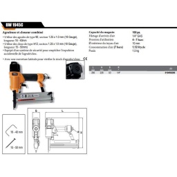 Compacte et légère
Capacité du chargeur 100 pces
Filetage d'arrivée d'air 1/4" GAS
Pression d'utilisation 4 - 7 bar
Ø intérieur du tuyau d'air 10 mm
Consommation d'air (7 bar) 1.12 l/cycle
Poids 1.5 kg