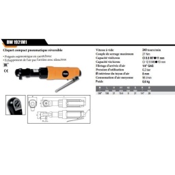 Cliquet pneumatique reversible
- Poignée ergonomique en caoutchouc
- Echappement de l air par l arrière
-Vitesse à vide 240 tours/min
-Couple de serrage maximum 27 Nm
-Capacité vis/écrou Cl 8.8 M7 11 mm Capacité vis/écrou Cl 12.9 M6 10 mm
-Filetage d'arrivée d'air 1/4" GAS
-Pression d'utilisation 6,2 bars
-intérieur du tuyau d'air 8 mm
-Consommation d'air moyenne 96 l/min
-Poids 0,6 kg