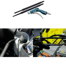 Kit 3 pièces pour soufflette à air comprimé d'atelier, composé d'une soufflette robuste et d'une gâchette avec bouton d'ouverture rapide permettant de changer les buses rapidement et facilement.
Livré avec 1 buse flexible droite, 1 buse flexible à soufflage latéral.
La buse à soufflage latéral est idéale pour souffler de l'air dans les corps, les tubes et les filtres à air à 90 degrés par rapport à la direction de la soufflette.
La buse à soufflage flexible permet de diriger l'air comprimé en mode d'accès « déporté ».
Matériau de la buse : caoutchouc PU flexible et résistant à l'huile, monté sur des rallonges en plastique rigide résistant à l'usure.
Filetage : 1/4" BSP. Pression de service : 110 psi ; pression max. : 220 psi