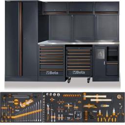 Combinaison d'ameublement d'atelier C45PRO X comprenant 196 outils Beta Worker
Combinaison comprenant :
- 1 module fixe à 7 tiroirs (C45PRO M7)
- 1 servante mobile à 7 tiroirs (C45PRO C7)
- 1 module fixe de propreté (C45PRO MS)
- 3 panneaux porte-outils perforés (C45PRO PF)
- 3 meubles hauts muraux (C45PRO PM)
- 3 étriers type large (C45PRO SL)
- 1 étrier type étroit (C45PRO SS)
- 1 armoire à 2 portes (C45PRO AS2)
Plan de travail en bois contreplaqué stratifié (C45PX/3-2.0MT)
comprenant 196 outils Beta Worker en modules mousse EVA
Dimensions : 2000x2955x495mm