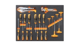 Composition pour mobilier C35
1260 tournevis pour vis à fente 3x75 - 4x100 - 5,5x125 - 6,5x150 mm
1262 tournevis pour vis Phillips® PH0x60 - PH1x80 - - PH2x100 mm
1267TX tournevis pour vis Torx® T8 - T10 - T15 - T20 - T25 - T30
96BPC/SC9 clés mâles 6 pans coudées à tête sphérique
96T clés mâles 6 pans à poignée en T 2-2,5-3-4-5-6
1052 pince - étau à becs droits 240 mm
Dimensions des tiroirs 600x447mm