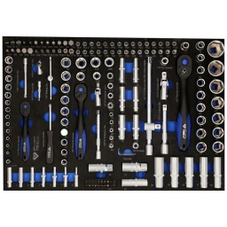 Module brillant tools 172 pièces
Composition :
13 douilles Six pans (hexagonales/creuses) : (1/4") 4 - 4,5 - 5 - 5,5 - 6 - 7 - 8 - 9 - 10 - 11 - 12 - 13 - 14 mm
5 douilles Torx femelles : (1/4") E4 - E5 - E6 - E7 - E8
7 douilles Six pans (hexagonales/creuses) longues : (1/4") 4 - 5 - 6 - 7 - 8 - 9 - 10 mm
2 rallonges : (1/4") 50 - 100 mm
8 embouts Torx : (1/4") T8 - T9 - T10 - T15 - T20 - T25 - T27 - T30
8 embouts Torx Tamper Resistant : (1/4") TH8 - TH9 - TH10 - TH15 - TH20 - TH25 - TH27 - TH30
3 embouts Philips : (1/4") PH0 - PH1 - PH2
3 embouts Pozidriv (1/4") PZ0 - PZ1 - PZ2
4 embouts Six pans (hexagonaux/creux) : (1/4") 3 - 4 - 5 - 6 mm
4 embouts plats : (1/4") 0,8x4 - 1x5,5 - 1,2x6,5 - 1,2x7
1 cardan universel : (1/4") 40 mm
1 poignée porte-embouts : (1/4") 150 mm
1 clé à cliquet : (1/4") 150 mm
1 barre en T coulissante : (1/4") 110 mm
1 douille : (1/4") 25 mm
10 douilles Six pans (hexagonales/creuses) : (3/8") 10 - 11 - 12 - 13 - 14 - 15 - 16 - 17 - 18 - 19 mm
6 douilles Torx femelles : (3/8") E10 - E11 - E12 - E14 - E16 - E18
7 douilles Six pans (hexagonales/creuses) longues : (3/8") 10 - 11 - 12 - 13 - 14 - 15 - 18 mm
1 rallonge : (3/8") 125 mm
1 adaptateur : (3/8")x(5/16") - 28 mm
1 cardan universel : (3/8") 50 mm
1 clé à cliquet : (3/8") 198 mm
17 douilles Six pans (hexagonales/creuses) : (1/2") 10 - 11 - 12 - 13 - 14 - 15 - 16 - 17 - 18 - 19 - 20 - 21 - 22 - 24 - 27 - 30 - 32 mm
2 douilles Torx femelles : (1/2") E20 - E24
7 douilles Six pans (hexagonales/creuses) longues : (1/2") (2x)16 - 17 - 18 - 19 - 21 - 22 mm
2 rallonges : (1/2") 125 - 250 mm
1 adaptateur : (1/2")x(5/16") - 37 mm
1 cardan universel : (1/2") 75 mm
1 adaptateur : (1/2")x(3/8") - 44 mm
1 clé à cliquet : (1/2") 250 mm
3 embouts XZN (Spline/multidents) : (1/4") M5 - M6 - M8
3 embouts Torx : (1/4") T5 - T6 T7
9 embouts Torx Tamper Resistant : (1/4") TS10 - TS15 - TS20 - TS25 - TS27 - TS30 - TS40 - TS45
5 embouts Torx Plus : (1/4") T40 - T45 - T50 - T55 - T60
5 mbouts Six pans (hexagonaux/creux) : (5/6") 7 - 8 - 10 - 12 - 14 mm
6 embouts Torx : (5/6") T40 - T45 - T50 - T55 - T60 - T70
6 embouts Torx Tamper Resistant : (5/6") TS40 - TS45 - TS50 - TS55 - TS60 - TS70
2 embouts Philips : (5/6") PH3 - PH4
2 embouts Pozidriv : (5/6") PZ3 - PZ4
3 embouts plats : (5/16") 8 - 10 - 12 mm
7 clés Allen Six pans (hexagonales/creuses) : 1 - 1,5 - 2 - 2,5 - 3 - 4 - 5 mm
Dimensions module mousse 560x390mm