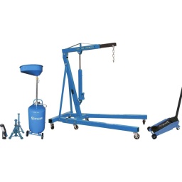 Kit complet pour entretenir les véhicules.Composition : - Grue d'atelier pliante 1T réf.13085 Hauteur 1410 mm Capacité 1000 kg Longueur max du bras 775mm min. - 1055mm max Longueur 1610 mm Hauteur d'utilisation 1700mm min. - 1940mm max Poids 65,2KG A 1610mm B 1410mm C 775mm mini - 1055mm maxi D 1700mm mini - 1940mm maxi E 185mm F 790mm G 880mm H 900mm - Cric rouleur 3T double piston 120/450mm longueur 595mm réf.52548 Double piston montée rapide Fonction descente lente Profil bas Roues en acier et nylon. Capacité 3T Dimensions 640x340x185mm Hauteur maximum 450mm Hauteur minimum 120mm Poids article 29,5KG - Jeu de 2 chandelles pliantes 2T 278/366mm réf.15219 - Baladeuse LED 280 lumens articulée rechargeable réf.02162 1 LED COB (2W - ULTRA PUISSANTE) + 5 LED Corps en ABS léger, résistant aux chocs Durée de vie des leds : plus de 1 000 000 heures Peut être rechargée plus de 500 fois Interrupteur on/off Autonomie 4h - 30h (5 LED) Temps de charge 4 - 5h Puissance 2W (1 LED COB) Batterie 3,7V 2600mAh Li-ion Lumens 25lm à 280lm Indice de protection IP20 Caractéristiques crochet pivotant 360°, support magnétique pivotant sur 170° Câble USB - entrée 5V, 1A Longueur 210mm Poids article 0,338KG - Vidangeur d'huile mobile par gravité 70L réf.56750 Pour huiles et liquides usagés. Cuve 70L diamètre 380mm. Pression d'arrivée d'air : 8 bar. Température huile entre 40 et 60°C. Entonnoir de récupération 10L orientable et réglable en hauteur (105 à 140cm). Flexible de refoulement 170cm. 2 roues pivotantes + 2 roues fixes (en caoutchouc). Hauteur maximum 1600mm Hauteur minimum 960mm Poids article 16,8KG